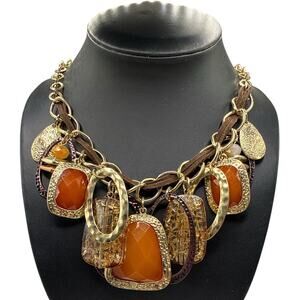 Laura Ashley Chunky Statement Necklace Gold Tone Amber Orange Faux Stone 20”